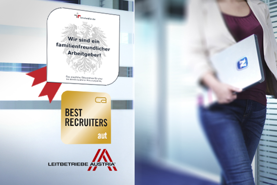 A variety of logos are presented on a board, walking woman in background carrying notes.